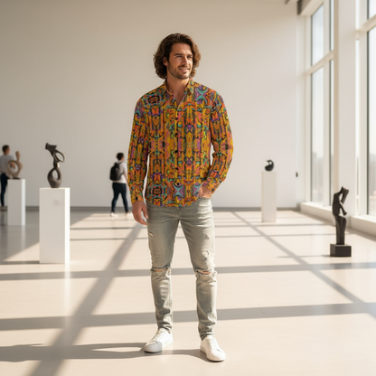 “Labyrinth” Mustard: Men's Slim Fit Long Sleeve Shirt