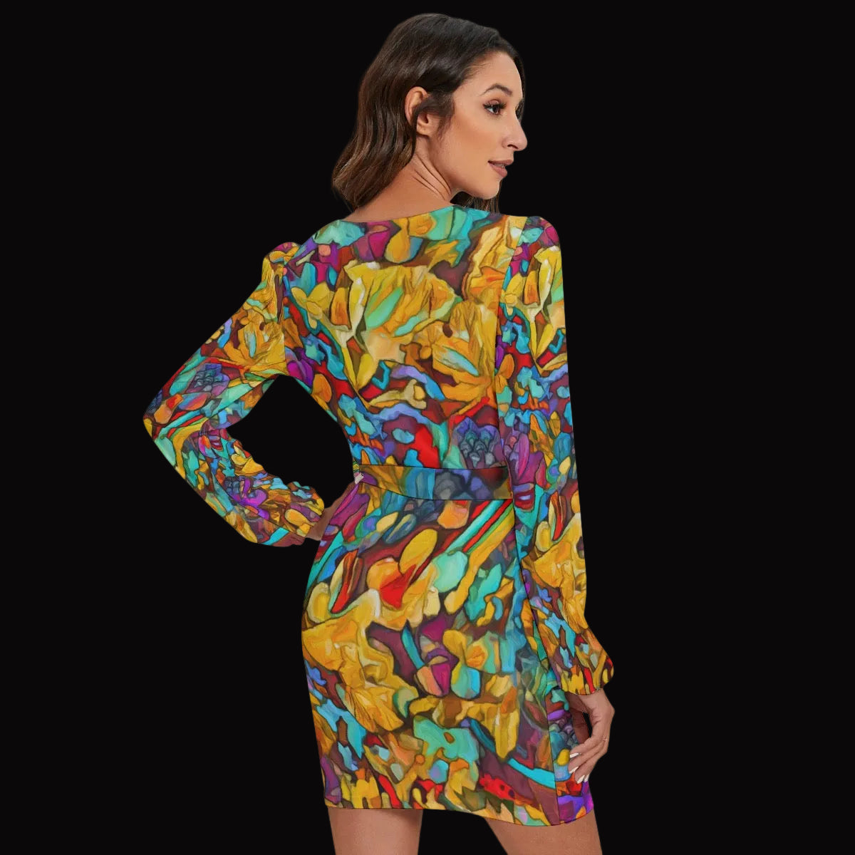 “Chromatic Dream” Women's Long Sleeve Dress With Waist Belt
