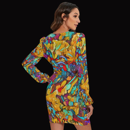 “Chromatic Dream” Women's Long Sleeve Dress With Waist Belt
