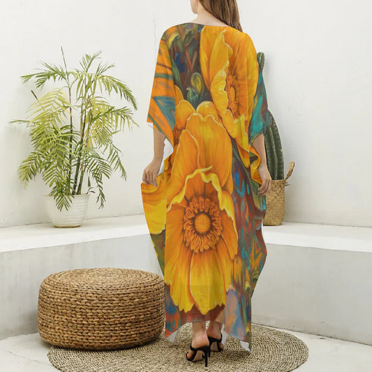 “Golden Cascade” Women's Imitation Silk V-neck Kaftan Robe