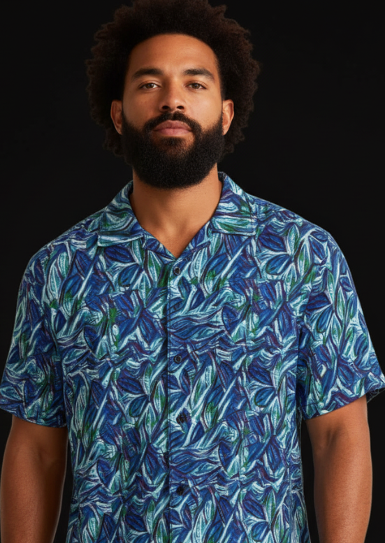 “Sapphire Stream” Men's Hawaiian Shirt With Button Closure |115GSM Cotton poplin