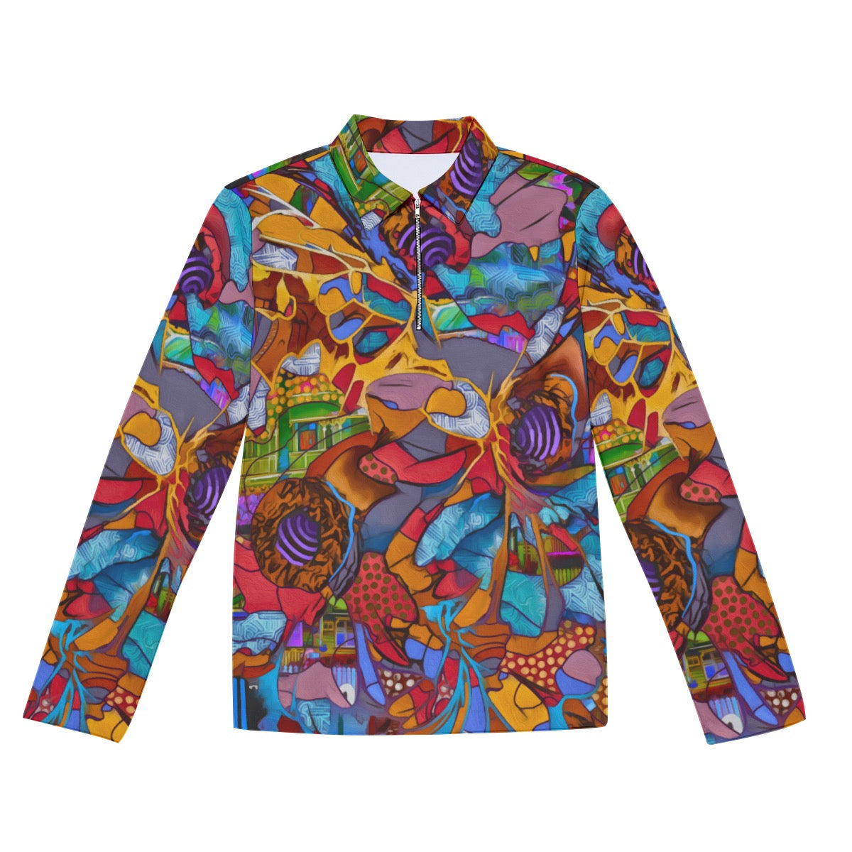 “Fractured Dreamscape”  Men's Lapel T-shirt With Neckline Zipper Closure