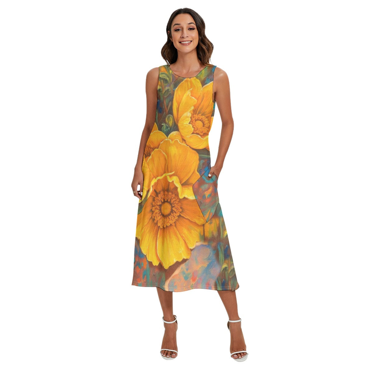 “Golden Cascade” Women's Sleeveless Dress With Diagonal Pocket