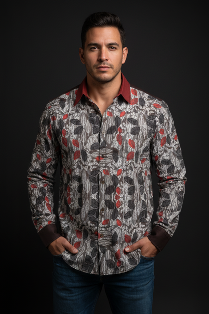 “Foliage Flush” Men's Casual Lapel Long Sleeve Shirt|125GSM Cotton