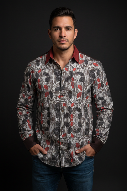“Foliage Flush” Men's Casual Lapel Long Sleeve Shirt|125GSM Cotton