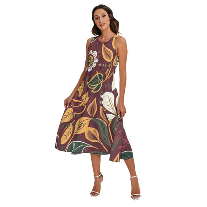 “Burgundy Botanical”  Women's Sleeveless Dress With Diagonal Pocket