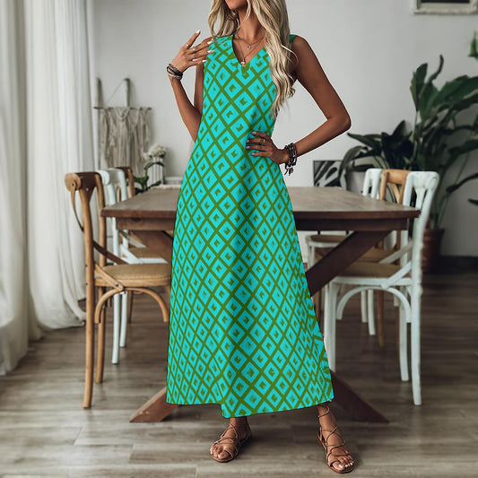 “Aqua Lattice” Women's V-Neck Long Dress