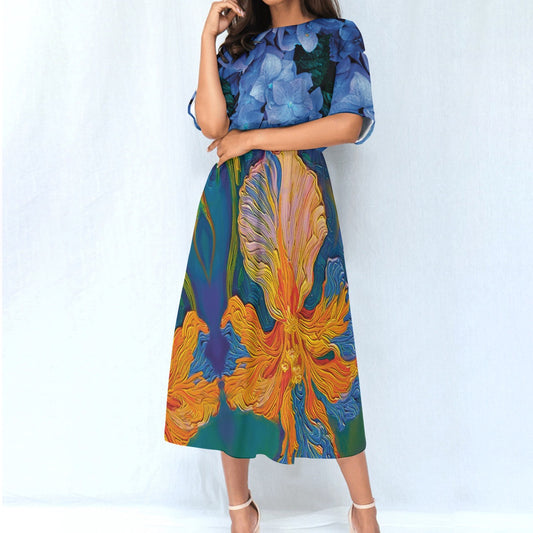 ‘Iris with Hydrangea” Women's Knee-Length Dress
