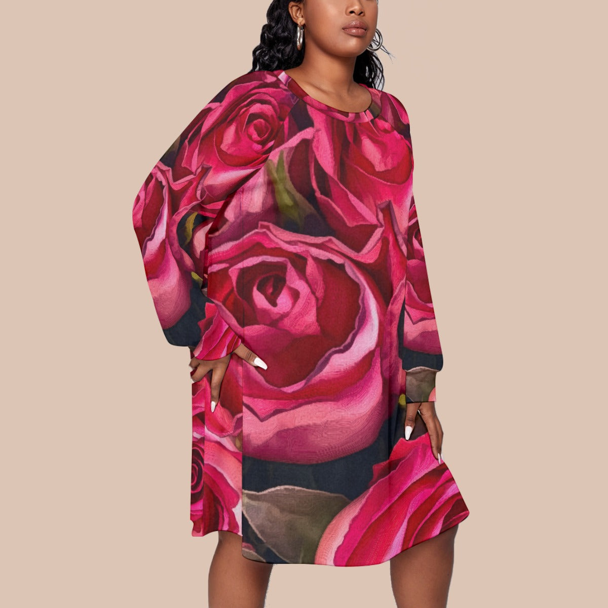 “Rose Red” Women's Dress With Raglan Sleeve(Plus Size)