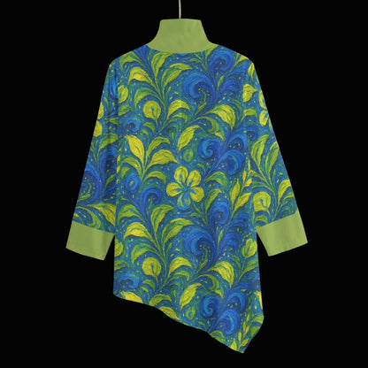 “Cobalt Meadow” Women's Turtleneck T-shirt With Sloping Hem