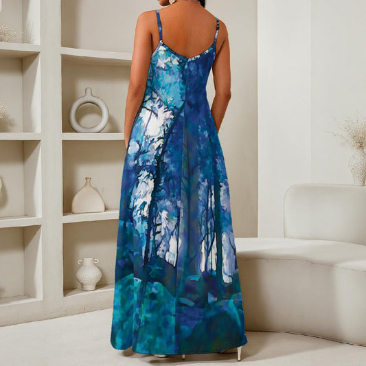 “ Blue Forest “ Women's Elegant V-Neck Maxi Dress