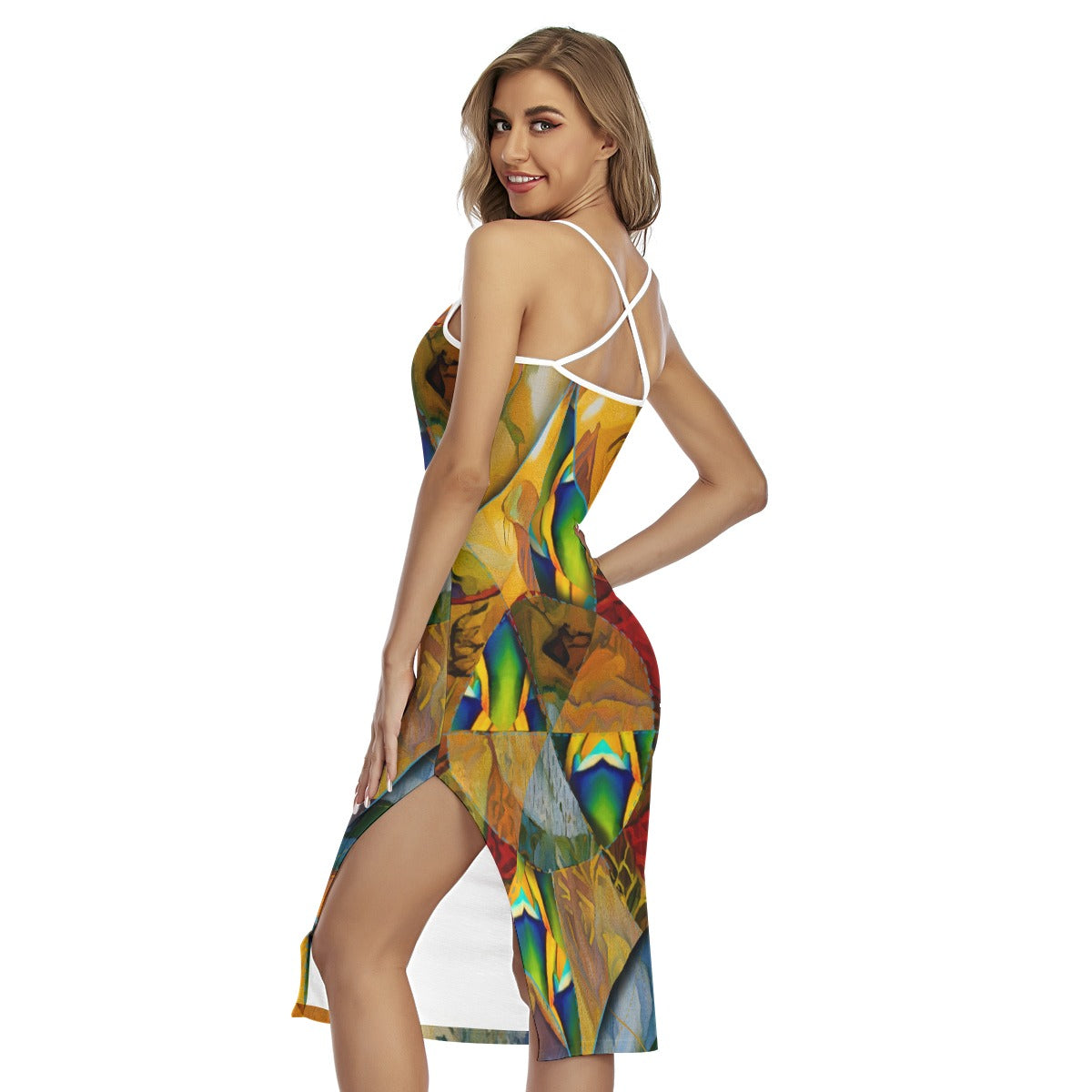 “Earthen Tessellation”  Women's Back Cross Cami Dress