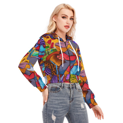 “Fractured Dreamscape” Women's Crop Top Hoodie With Zipper Closure