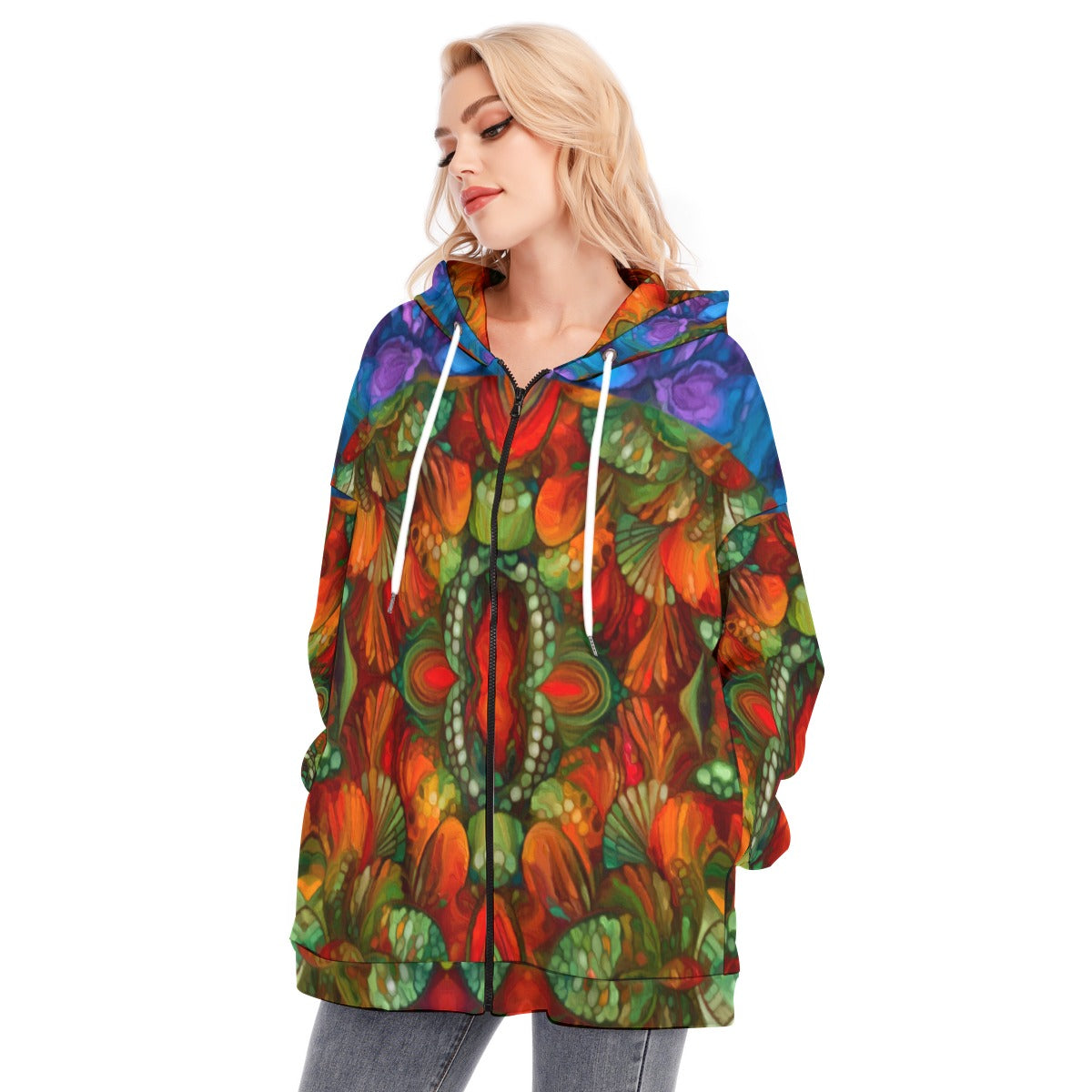 “Kaleidoscopic Spectrum” Women's Long Hoodie With Zipper Closure