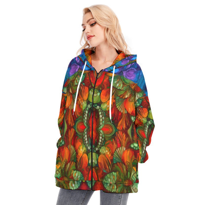 “Kaleidoscopic Spectrum” Women's Long Hoodie With Zipper Closure