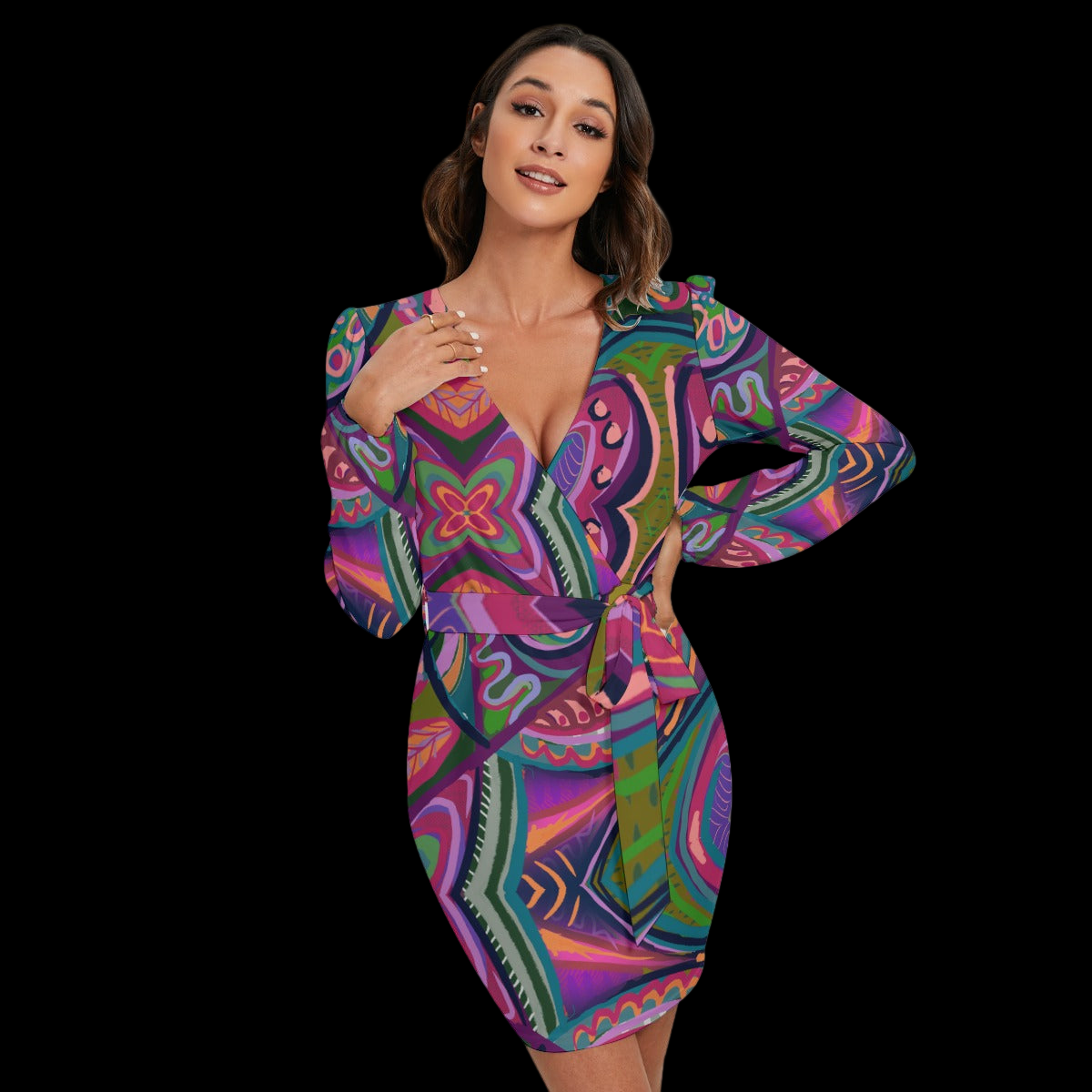 “Colour Burst”  Women's Long Sleeve Dress With Waist Belt