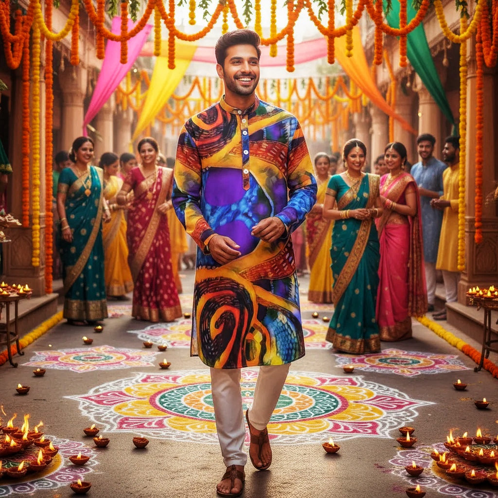 “Colour Vortex” Men's Stand-up Collar Long Shirt