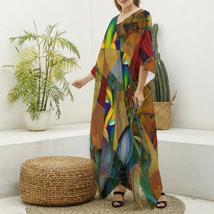 “Earthen Tessellation”  Women's Imitation Silk V-neck Kaftan Robe