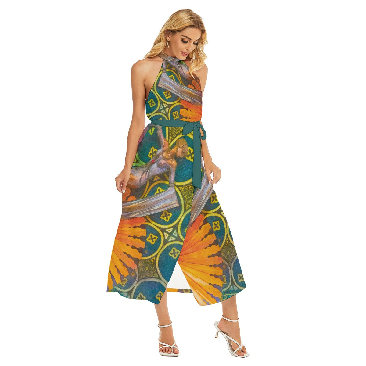 “Deco”  Women's Wrap Hem Belted Halter Dress