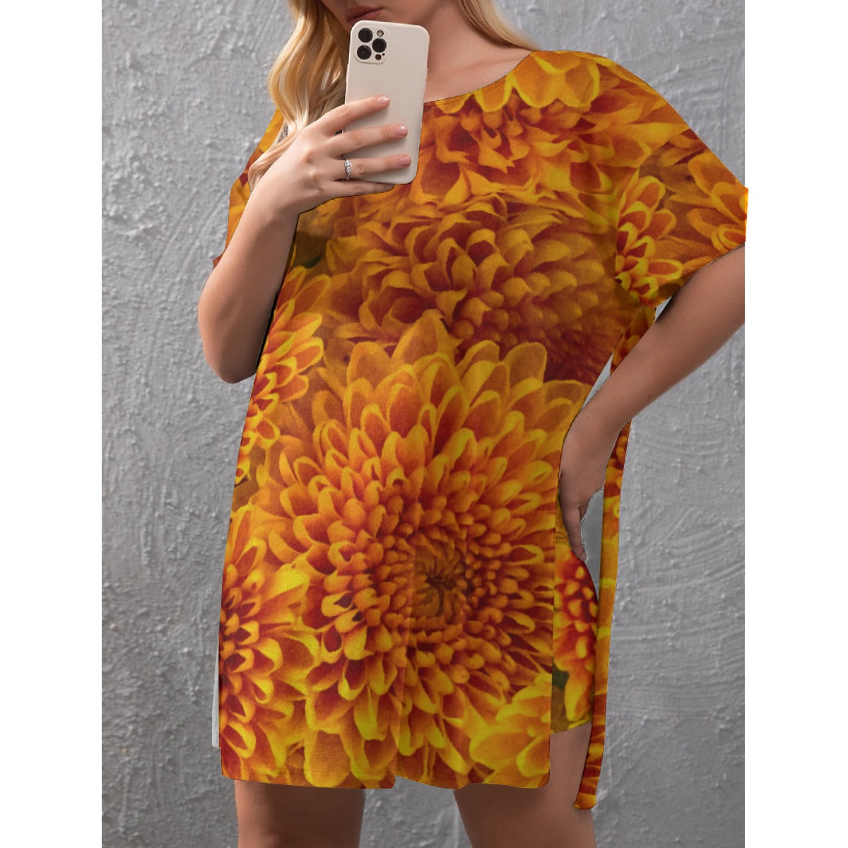 “Orange Chrysanthemum” Women's Drop-Shoulder T-Shirt with Side Split and Shorts (Plus Size)