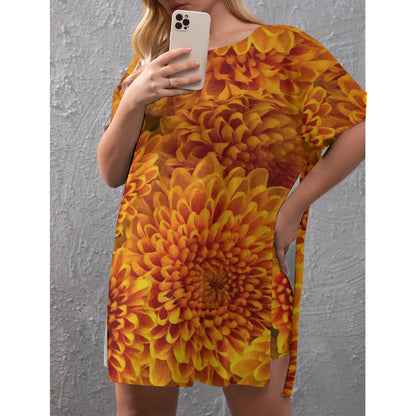 “Orange Chrysanthemum” Women's Drop-Shoulder T-Shirt with Side Split and Shorts (Plus Size)