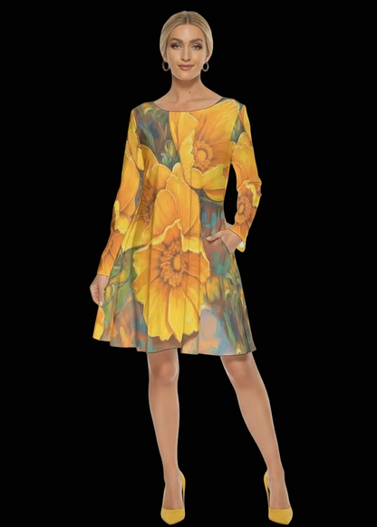 “Golden Cascade” Women's Crew Neck Dress