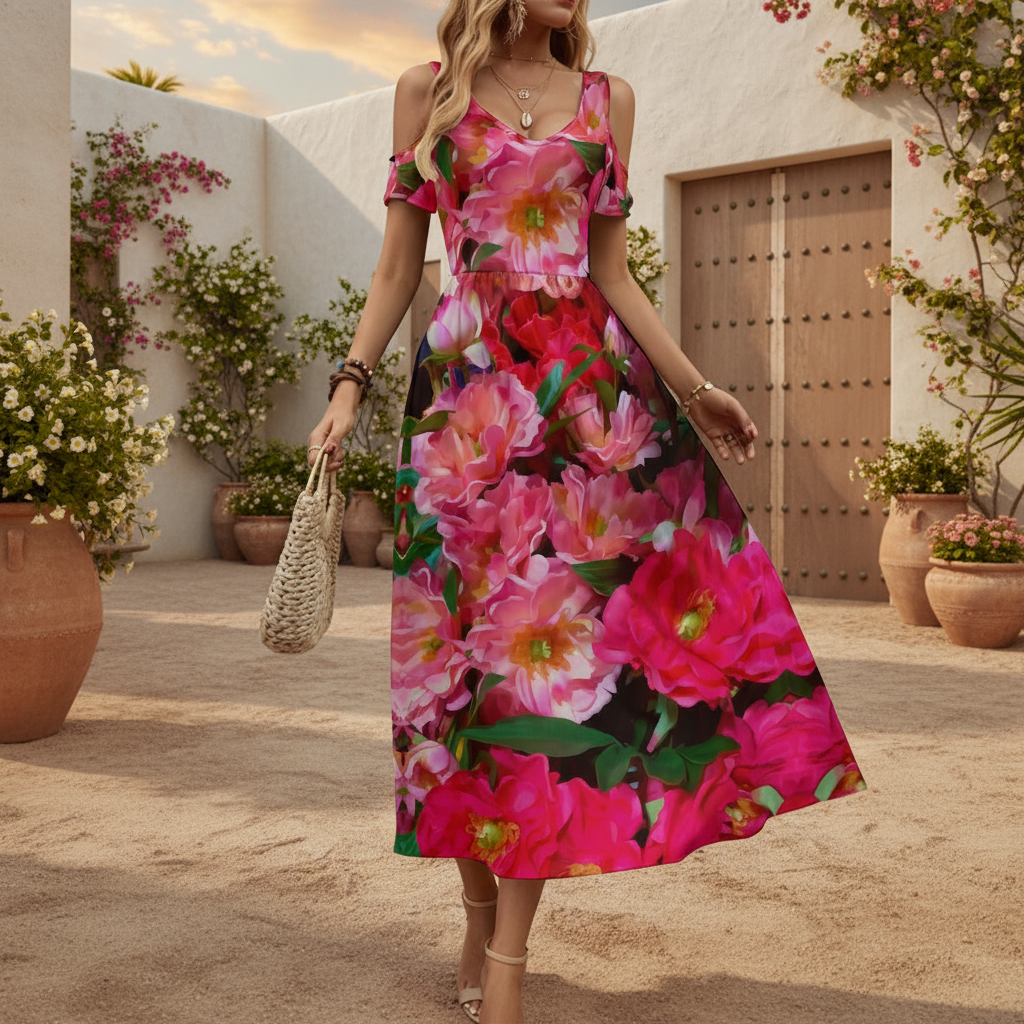 “Summer Blush” Women's V-neck Off-shoulder Dress