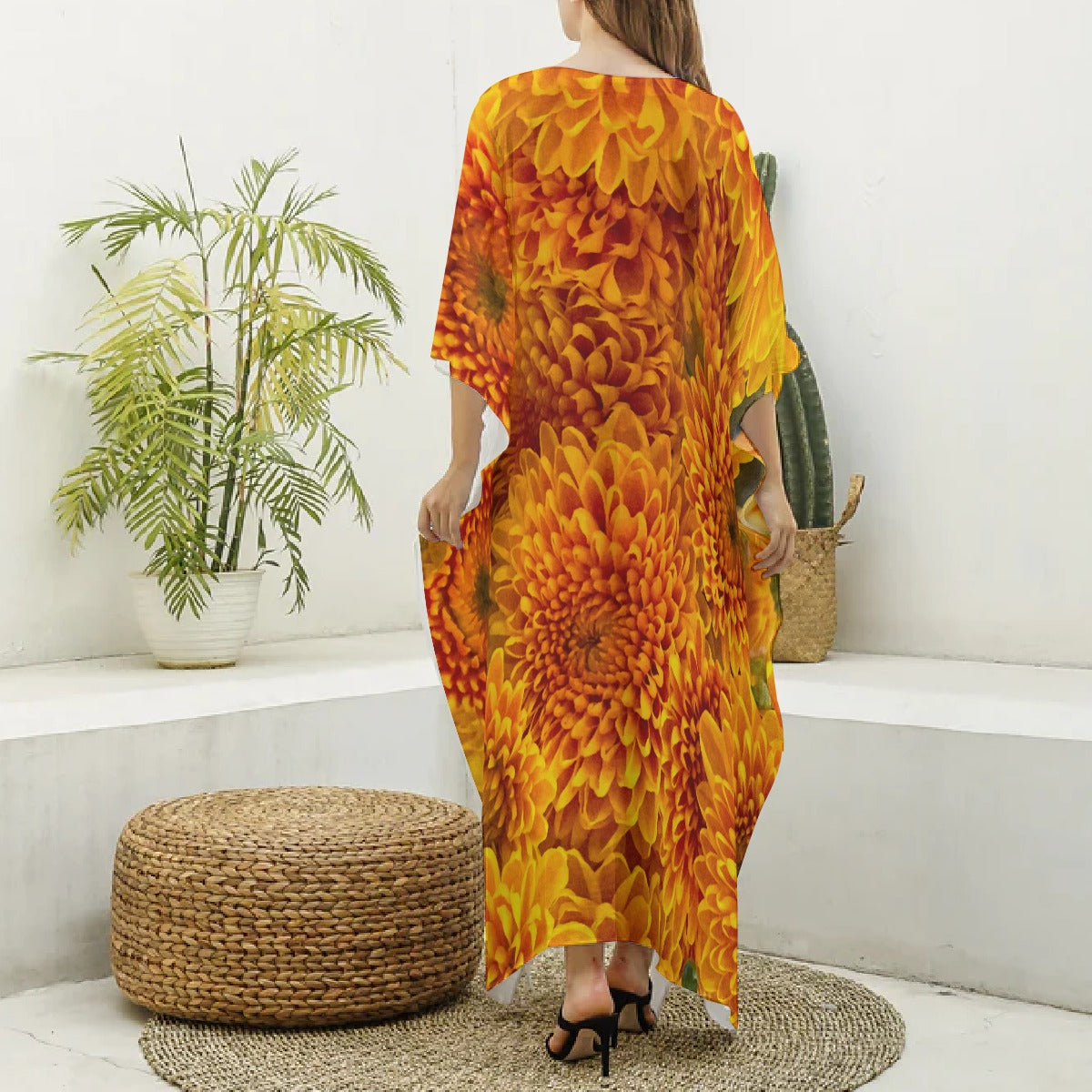 “Orange Chrysanthemum” Women's Imitation Silk V-neck Kaftan Robe