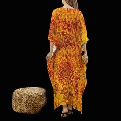 “Orange Chrysanthemum” Women's Imitation Silk V-neck Kaftan Robe