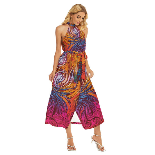 “Cyclonic” Women's Wrap Hem Belted Halter Dress