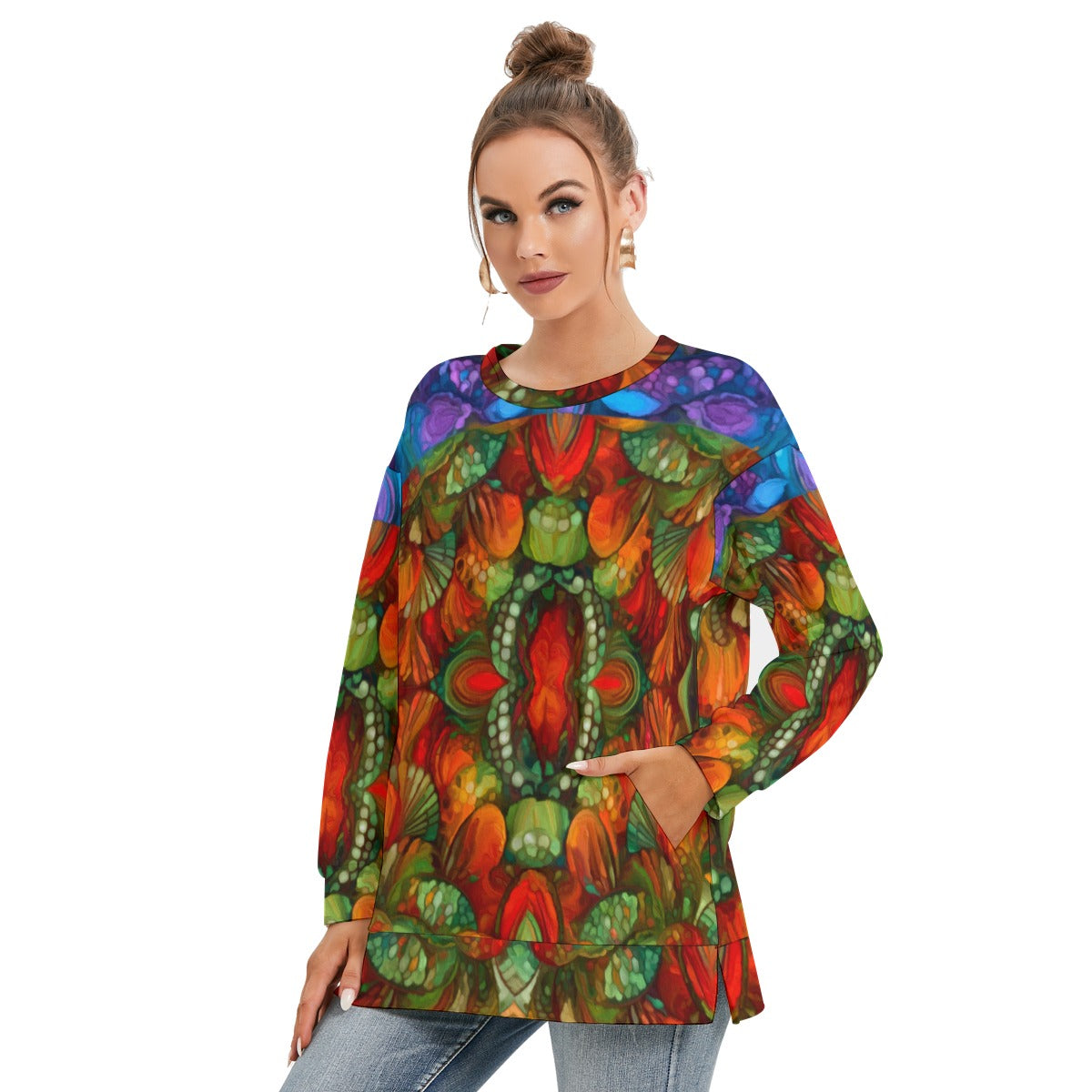“Kaleidoscopic Spectrum” Women's Side Split O-neck Sweatshirt