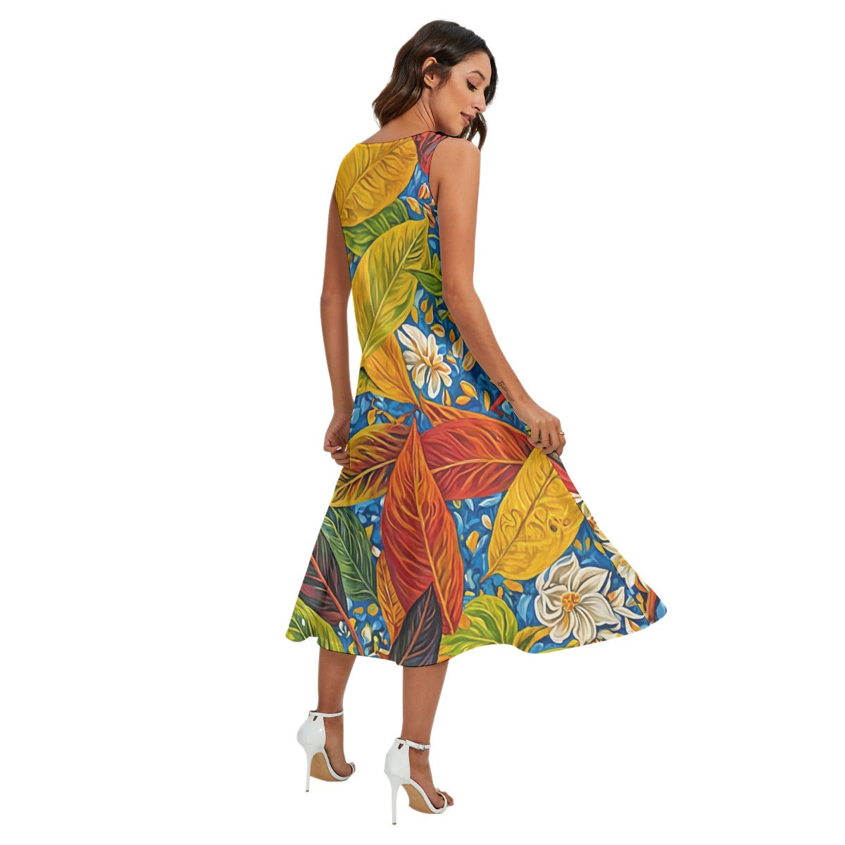 “Botanical Rhapsody” Sleeveless Dress With Diagonal Pocket