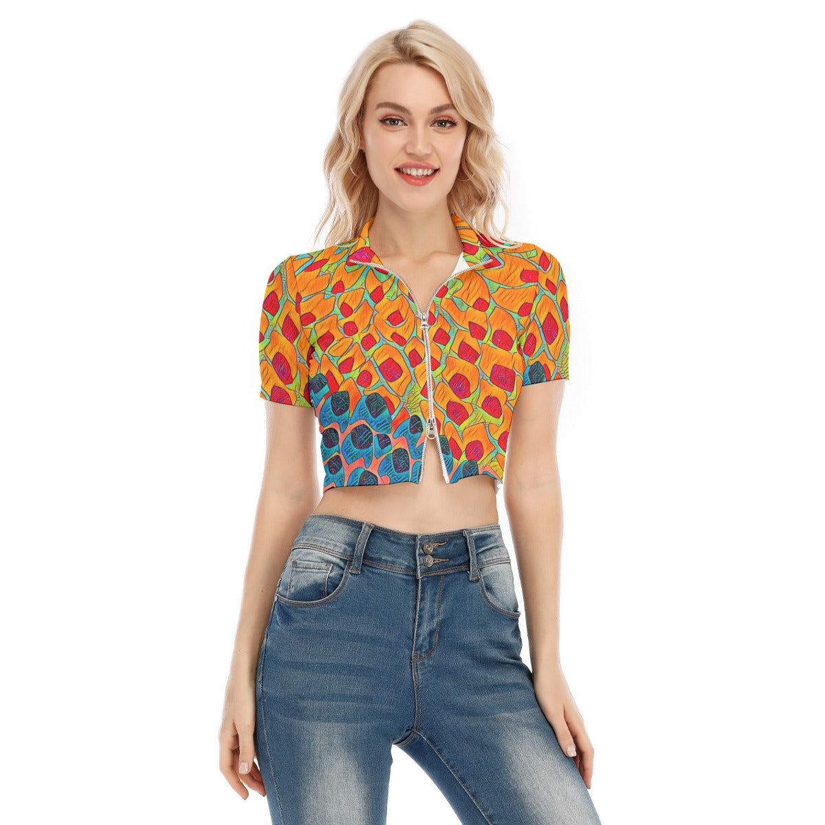 “Fractured Sunset” Short Sleeve T-shirt with Two-way Zipper