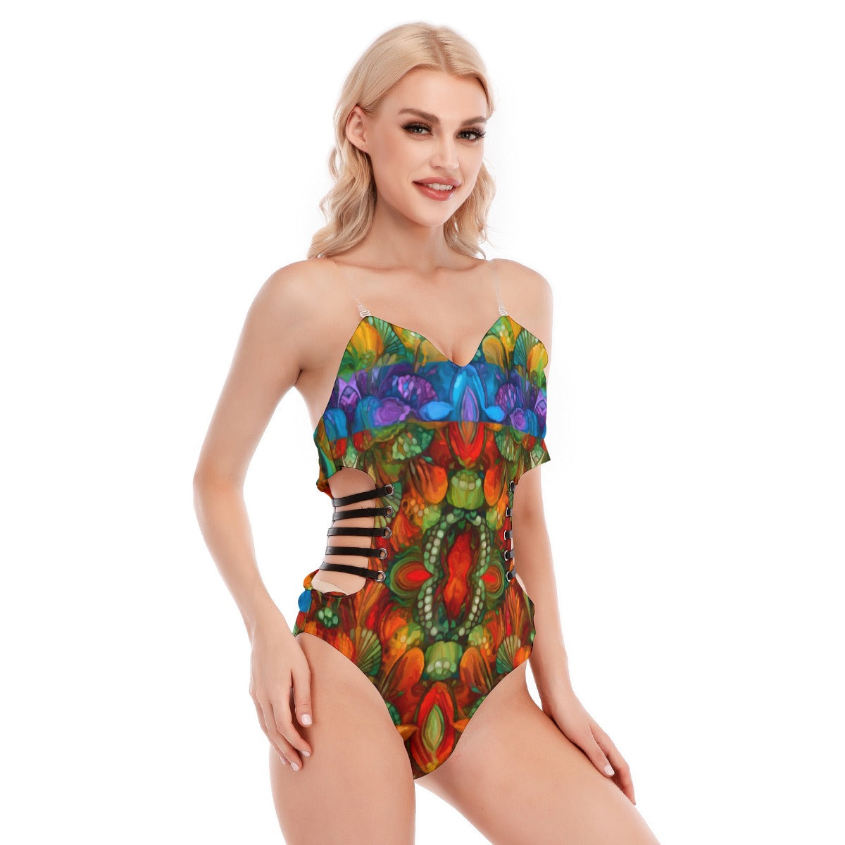 “Kaleidoscopic Spectrum” Women's Tube Top Bodysuit With Side Black Straps