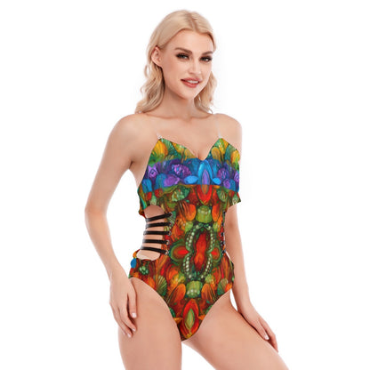 “Kaleidoscopic Spectrum” Women's Tube Top Bodysuit With Side Black Straps