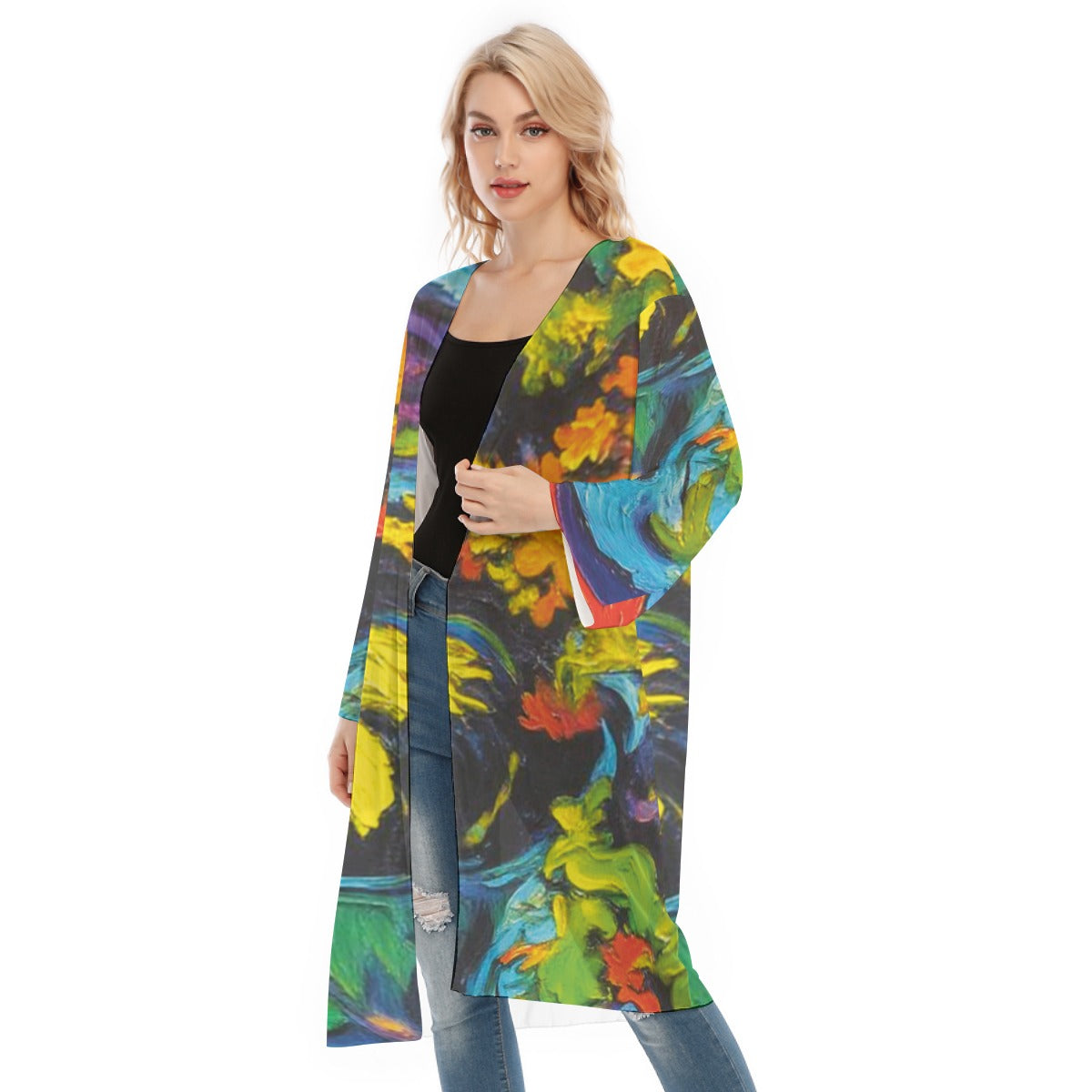“Spring Impasto” Women's Long Sleeve Mesh Cardigan