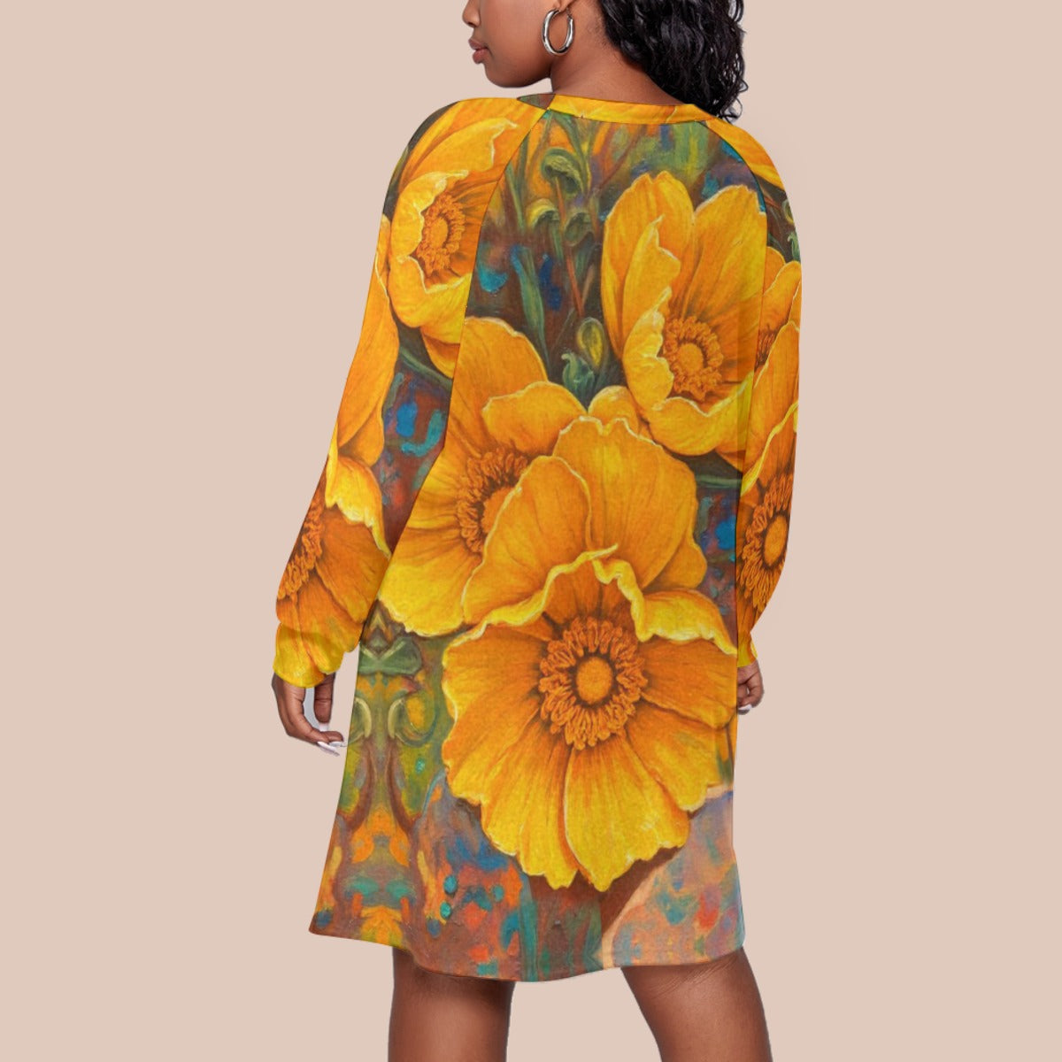 “Golden Cascade” Women's Dress With Raglan Sleeve(Plus Size)