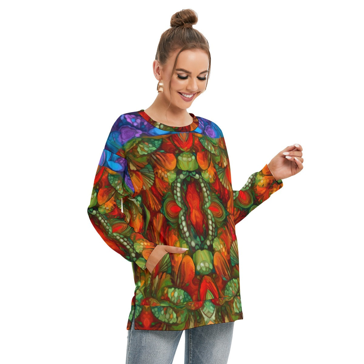 “Kaleidoscopic Spectrum” Women's Side Split O-neck Sweatshirt