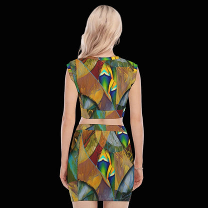 “Earthen Tessellation”  Women's Collarless V Collar Vest Skirt Suit