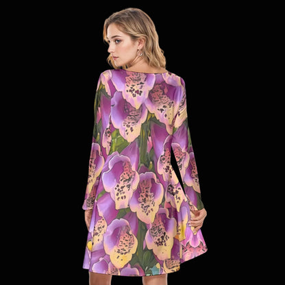 “Foxglove Cascade“ Women's Round Neck Dress|190GSM Cotton