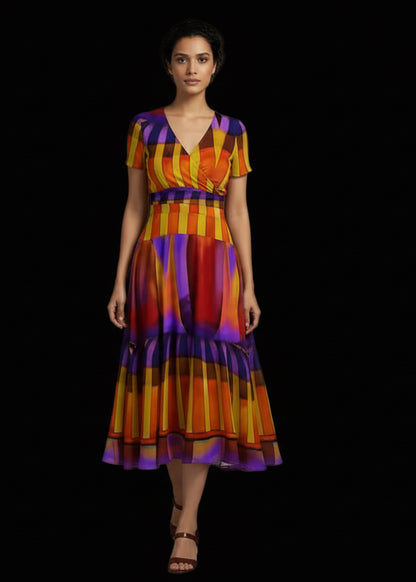 “Carnival” Women's Short Sleeve V Neck Midi Dress