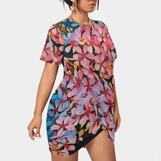 “Pink India Hawthorn” Women’s Stacked Hem Dress With Short Sleeve（Plus Size）