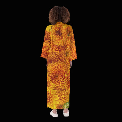 “Orange Chrysanthemum” Women's Long Satin Kimono Robe