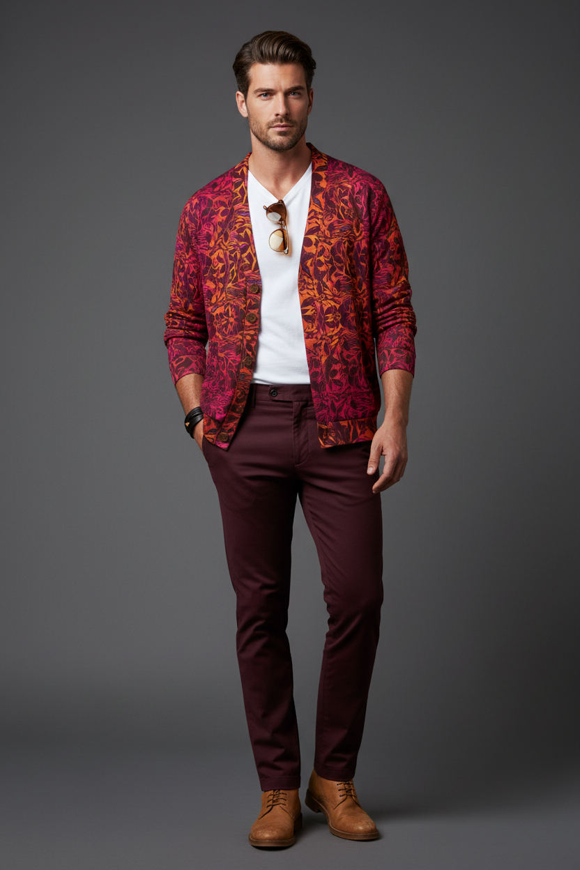 “Tribal Sunset” Unisex V-neck Knitted Fleece Cardigan With Button Closure