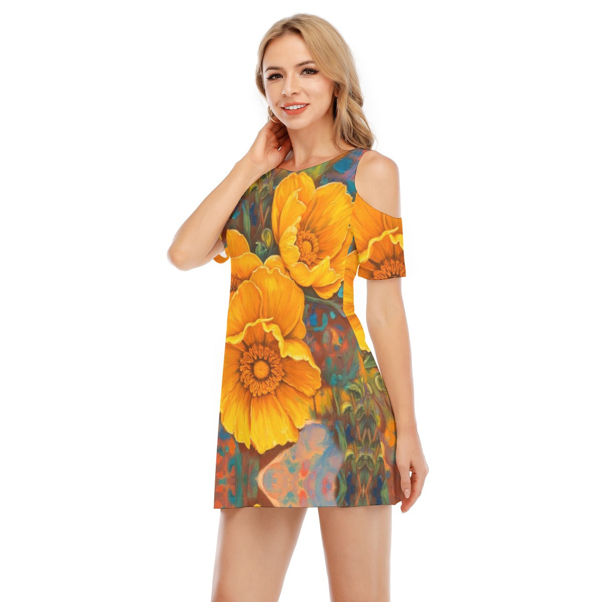 “Golden Cascade” Women's Cold Shoulder Dress | 190GSM Cotton