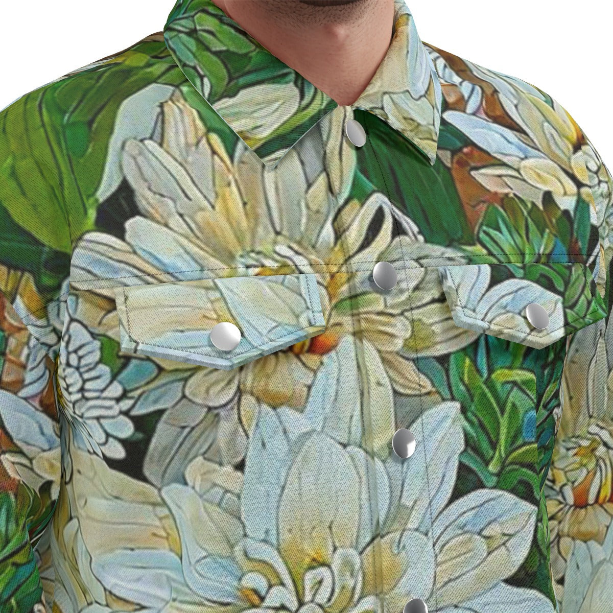 “White Floral Medley” Unisex Lapel Jacket | 245GSM Cotton