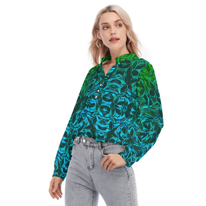 “Tribal Oceanic” Women's Long Sleeve Blouse With Button Closure