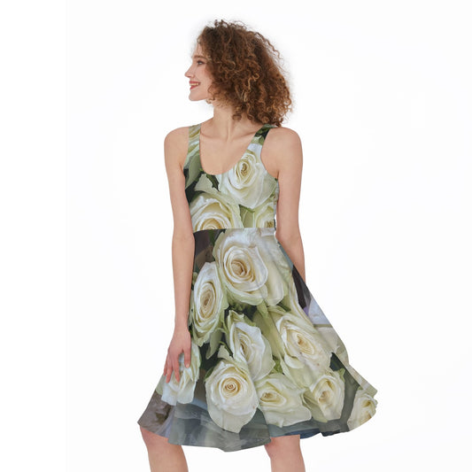 “White Roses” All-Over Print Women's Sleeveless Dress