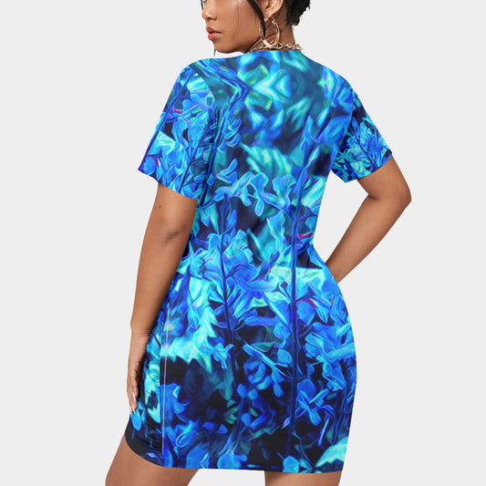 “Electric Blue” Women’s Stacked Hem Dress With Short Sleeve（Plus Size）