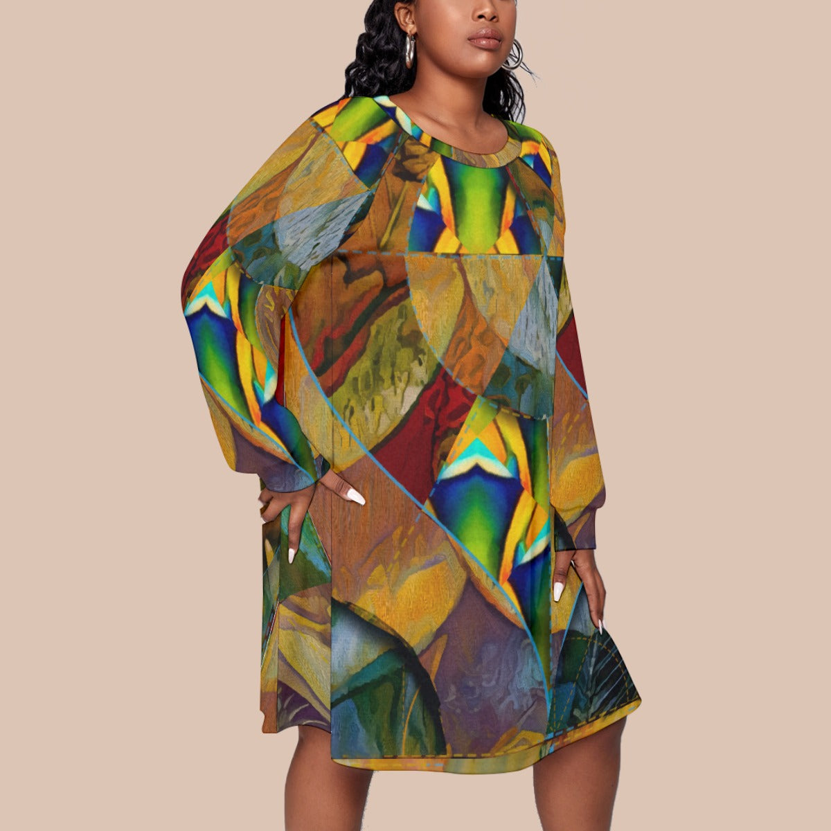 “Earthen Tessellation” Women's Dress With Raglan Sleeve(Plus Size)